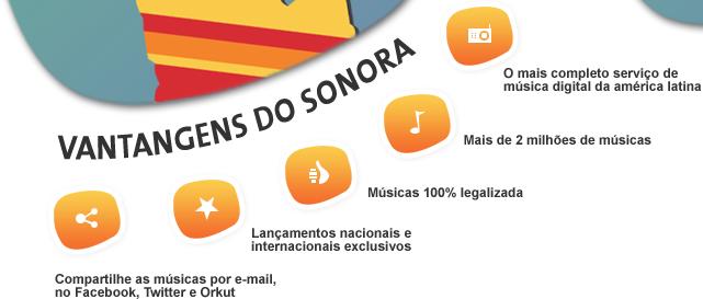 VANTANGENS DO SONORA - O mais completo serviço de música digital da américa latina - Mais de 2 milhões de músicas - Músicas 100% legalizada - Lançamentos nacionais e internacionais exclusivos - Compartilhe as músicas por e-mail, no Facebook, Twitter e Orkut